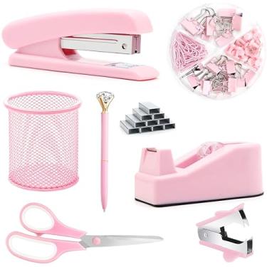 Imagem de Material de escritório rosa, acessórios de mesa rosa, grampeador, removedor de grampo, suporte de fita, suporte de caneta, caneta esferográfica, tesoura, clipes de fichário, clipes de papel e 1000