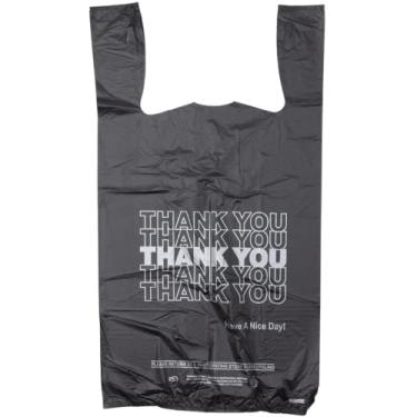 Imagem de Bolsa de plástico – Bolsa de camiseta preta com estampa de prata "Thank You" econômica 29,2 x 16,7 x 54,6 cm 13 microfone – 800 bolsas/capa