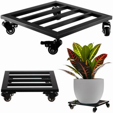 Imagem de Suporte grande de metal quadrado para plantas com rodas 34,5 cm Suporte de plantas laminadas de ferro forjado com rodízios, carrinho de plantas resistente para vasos de plantas internas e externas,