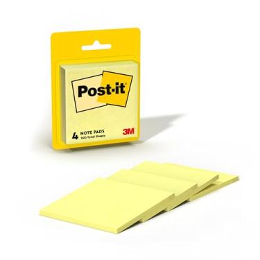 Imagem de Post-it Notas, 7,6 cm x 7,6 cm, 4 blocos de notas adesivas, 50 folhas por bloco, a icônica nota amarela canária, material escolar e produtos de escritório