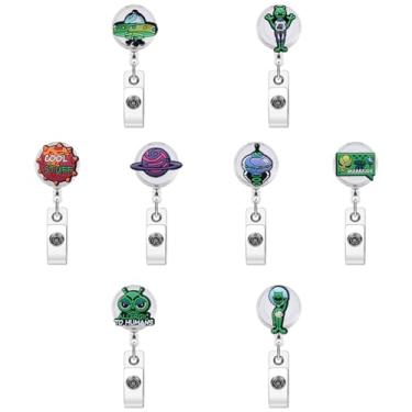 Imagem de 6 peças de carretéis de crachá de alienígena fofos retráteis UFO para crachá engraçado suporte de crachá de enfermagem clipes para enfermeira, professora e médica