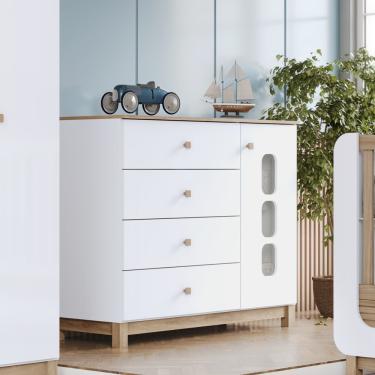 Imagem de Cômoda 1 Porta 4 Gavetas Aconchego Henn - Branco com Jequitibá HP