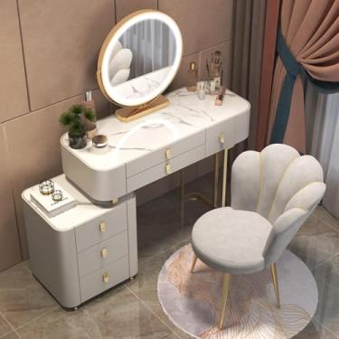 Imagem de Penteadeira com espelho e banquinho acolchoado, conjunto de mesa de maquiagem com 4/5 gavetas, cômoda de quarto com tampo de laje de pedra, cinza, 100 cm