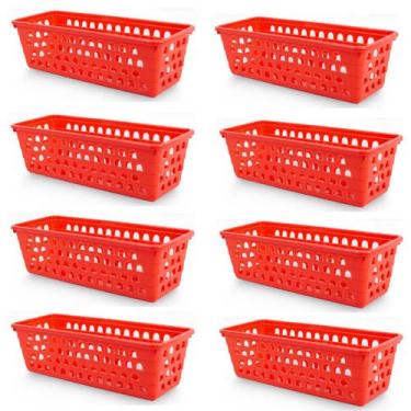 Imagem de Kit 8 Cestos Multiuso Comprido Retangular Vermelho 28x11x8 Cm 123Organ