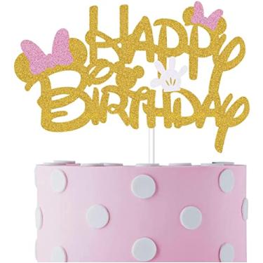 Imagem de Topo de bolo de feliz aniversário inspirado na Minnie com glitter rosa e dourado com laços rosa e luvas brancas suprimentos de decoração de festa de aniversário para meninas (dupla face)