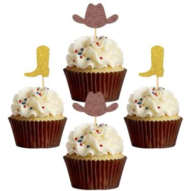 Imagem de MonMon & Craft 24 peças de topos de cupcake de cowboy ocidental para aniversário / chá de bebê / chapéus de cowboy botas tema ocidental decorações de bolo de festa / enfeites de cupcake de wester com glitter