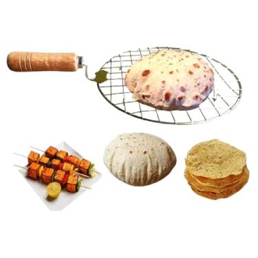 Imagem de Cabo de madeira Roti Jali para assar aço com pinça e conjunto de pinças, grelha de cozinha, grelha de papad, grelha Chapati, torrador, pinça de comida (Jali redondo com cabo de madeira)