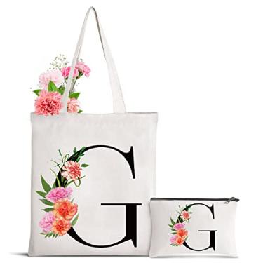 Imagem de Sanuurfky Sacola de lona com letra inicial personalizada para presente para o dia das mães, damas de honra, noiva, aniversário, casamento, Flor - g, Large
