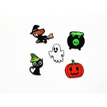 Imagem de PL Conjunto de 5 minúsculos. Halloween fantasma bruxa gato preto abóbora caldeirão bonito desenho animado costurar ferro em aplique bordado emblema emblema emblema traje vestuário