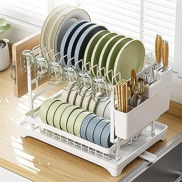 Imagem de Escorredor de pratos de cozinha de 2 níveis, escorredor de pratos com bandeja coletora, escorredor de pratos de material premium, escorredor de pia de cozinha, organizador de cozinha