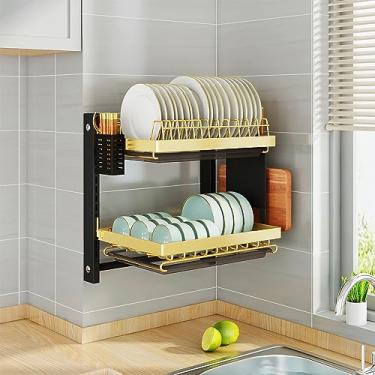Imagem de Escorredor de pratos de cozinha, escorredor de pratos de parede, escorredor de pratos de 2/3 níveis com bandeja coletora, escorredor de pratos de grande capacidade com suporte de utensílios,