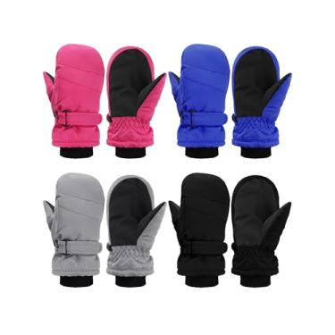 Imagem de 4 pares de luvas de esqui infantis à prova d'água e quentes para atividades ao ar livre (vermelho rosa, cinza, azul royal, preto, 3-5T)