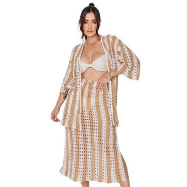 Imagem de Conjunto de Tricot Rendado Furadinho Croche kimono e saia fenda latera