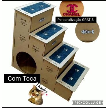 Imagem de Escada MDF 4 degraus 60cm com toca e personalização do nome do pet - I