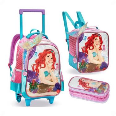 Imagem de Kit Mochila Escolar Rodinhas Infantil Menina 16" Denlex, Sereia 3D