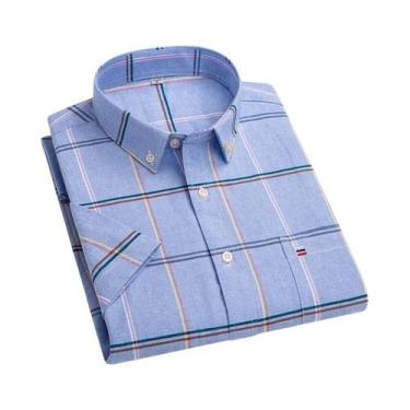 Imagem de Camisa Social Masculina Oxford 100% Algodão - Manga Curta, Xadrez, com