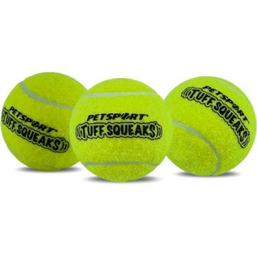 Imagem de PetSport Brinquedos para cães Squeak Yellow Tennis Ball | Pacote com 3 bolas gigantes (10 cm) para cães grandes | Feltro e borracha não tóxicas seguras para animais de estimação | Brinque para buscar,
