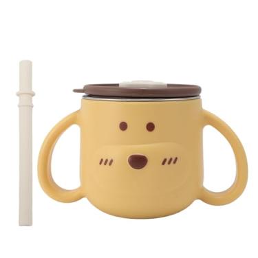 Imagem de Copos Infantis Isolados de Parede Dupla de Aço Inoxidável Com Canudos e Tampas, Caneca Isolada a Vácuo de Parede Dupla Com Alças Duplas, Lindo Copo Isolado para bebê (YELLOW)