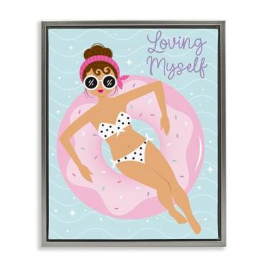 Imagem de Stupell Industries Arte de parede Loving Myself Girl in Pool em tela flutuante emoldurada por Ilis Avilés, moldura flutuante cinza, 43 x 53 cm
