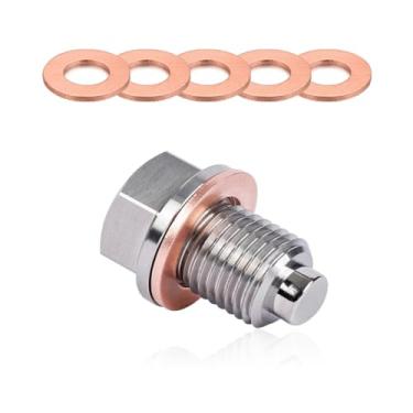 Imagem de Yourkar Plugue de drenagem de óleo magnético M14 × 1,5, parafuso de porca de drenagem de cárter de aço inoxidável com 5 peças de juntas de esmagamento, substituição de plugue de drenagem de óleo à