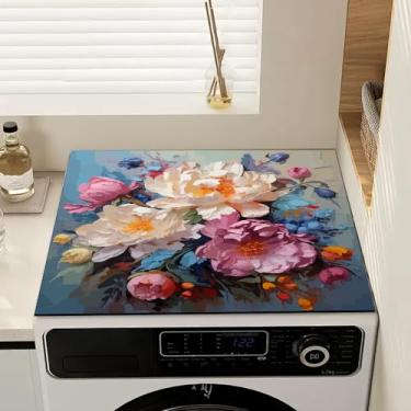 Imagem de Capa de máquina de lavar e secar roupa floral simples tapete de geladeira secadora de poeira capas à prova de poeira tapete de forno café capa de mesa estilo boho tapete multiuso (flor de peônia, 59,9