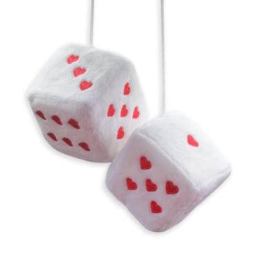 Imagem de Dados de pelúcia bordados vintage em forma de coração, par de enfeites de dados pendurados em forma de coração de 7,6 cm, acessórios vintage decorativos de carro novo para espelho retrovisor interior