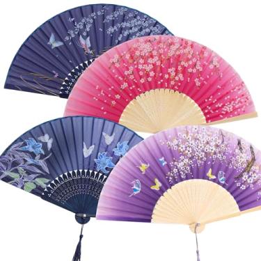 Imagem de Fumwase 4 peças de leque dobrável portátil pequeno de seda chinesa com borla, floral, leque manual a granel para mulheres e homens, festivais de música, decoração de festa de dança