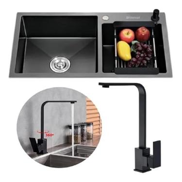 Imagem de Cuba Dupla Gourmet 78x43 Completa Com Acessórios Pia Cozinha Bancada Gourmet Aço Inox Preta + Torneira Monocomando Gourmet Luxo Slim Em L Aço Inox Cor Preta Brinovar