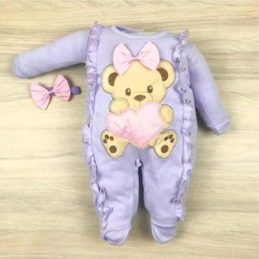 Imagem de Macacão Bebê menina bordado ursa coração macio e confortável - Antônio