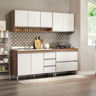 Imagem de Cozinha Modulada Compacta com Balcão Pia Cooktop Sabrina 200x202cm 4 Peças Branco Avelã Menu Móveis
