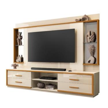 Imagem de Estante Home Theater com Espelho e Vidro Para TV Até 75 Polegadas 2,40m Leni Off White/Madeirado EDN