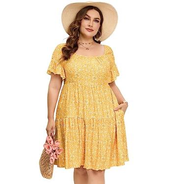 Imagem de Vestido plus size feminino plus size floral decote V manga curta comprimento até o joelho mini vestidos evasê, Flor branca amarela, 4G