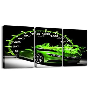 Imagem de Feelyou Arte de parede em tela de carro esportivo de corrida verde para sala de estar imagem de carro de corrida decoração de parede para crianças pintura de carro de corrida meninos meninas fogo