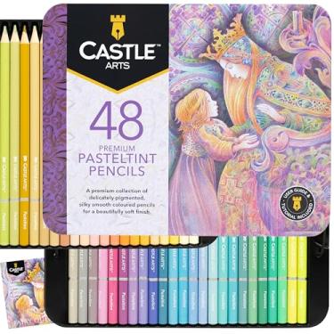 Imagem de Castle Art Supplies Conjunto de 48 lápis de cor pasteltint | Cores de qualidade em tons mais suaves e suntuosos | Para artistas profissionais e adultos | Protegido e organizado em caixa de lata de