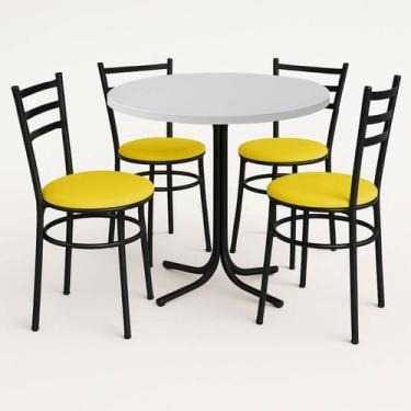 Imagem de Mesa de Jantar Redonda 80cm Branca Com 4 Cadeiras Estofada Preta - Lam
