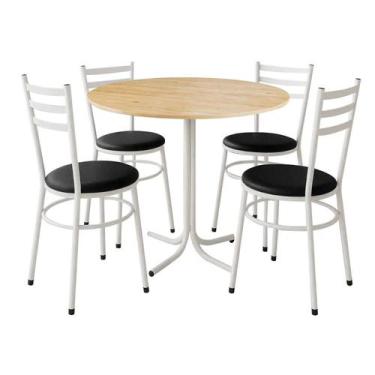 Imagem de Mesa de Jantar Redonda 80cm Pinus Com 4 Cadeiras Estofada Branca - Lam