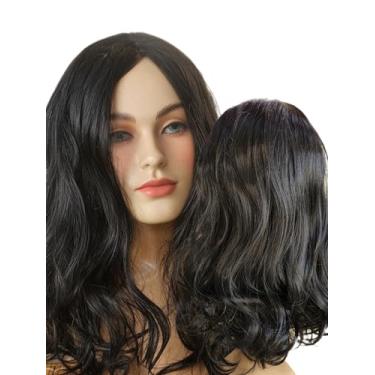 Imagem de Peruca Ondulada Preta sem Franja, Couro Cabeludo em Silicone, 55 cm, 180 g, Fibra Orgânica