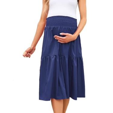 Imagem de FUNJULY Saia de maternidade casual cintura alta rodada rodada saia evasê com bolsos, Azul-marinho - V, XXG