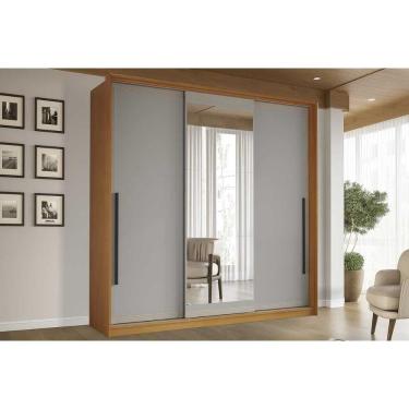 Imagem de Guarda Roupa Casal 3 Portas de Correr (1 c/ espelho) e 4 Gavetas Valência Freijo/Cinza - Politorno