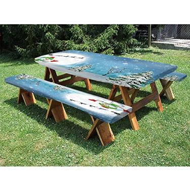 Imagem de Toalha de mesa de Natal, conjunto de 3 peças, boneco de neve feliz com trenó de rena sob lua cheia, para uso ao ar livre, parque, terraço, 76 x 182 cm, branco e azul