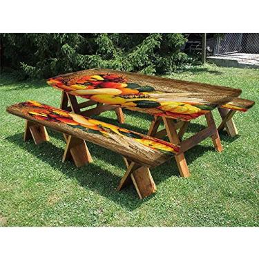 Imagem de Toalha de mesa Harvest para piquenique e assentos de banco, conjunto de 3 peças, perfeita para festas ao ar livre, 81 x 182 cm, vermelho e verde