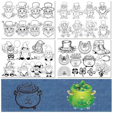 Imagem de CRASPIRE 4 folhas de estabilizadores de bordado solúveis em água São Patrício chapéu irlandês gnomo trevo trevo bastão de costura manual e transferências de ponto de papel lavável pré-impresso