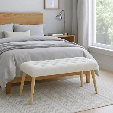 Imagem de Banqueta Retangular para Cama Capitonê Estofada Areia Banco Pés de Madeira Compacto Decorativo