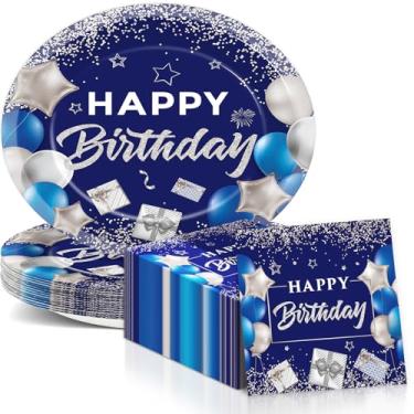 Imagem de Prato de papel oval de aniversário, 28 cm, pratos e guardanapos grandes, para decoração de festa azul e prata, bandeja de prato para homens e mulheres, aniversário, chá de bebê, suprimentos para