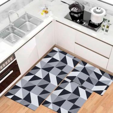 Imagem de Kit Tapete Passadeira de Cozinha Antiderrapante Absorvente (Triângulos azul)