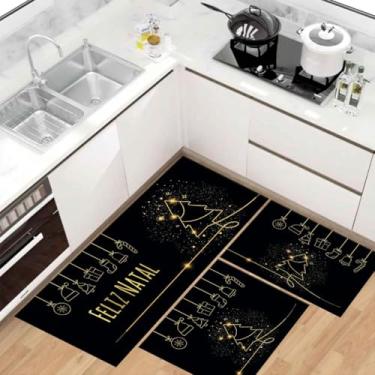Imagem de Kit Tapete Passadeira de Cozinha Antiderrapante Absorvente (Feliz Natal Preto)