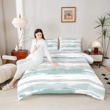 Imagem de Erosebridal Conjunto de edredom King abstrato azul-petróleo moderno listrado cinza para meninos e homens, pintura a óleo, minimalista, simples, aquarela, verde menta, colcha