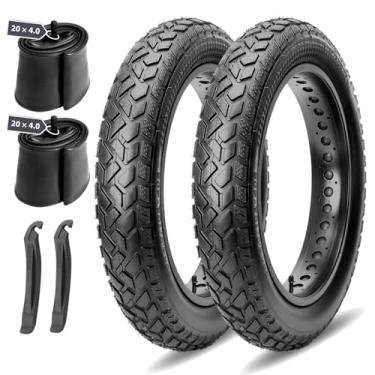 Imagem de MOHEGIA Conjunto de pneus gordos de 20 x 4 cm - pacote com 2 pneus pesados E-Bike Fat e par de tubos internos de 50 cm com alavancas de pneu, para MTB, triciclo e bicicleta elétrica - rua, trilha e