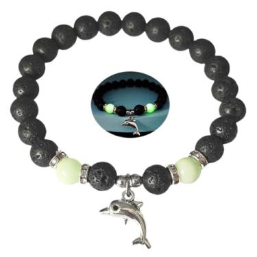 Imagem de LXSSLY Pulseiras femininas de pedra vulcânica natural de 8 mm, pulseiras luminosas de tartaruga oceânica, pulseira brilhante de pedra vulcânica, pulseira de proteção com contas elásticas elásticas