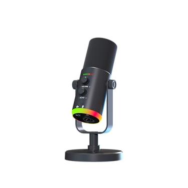 Imagem de bonkyo Microfone dinâmico USB/XLR para podcasts, microfone de streaming de jogos com luz RGB, botão mudo, cancelamento de ruído, suporte de mesa